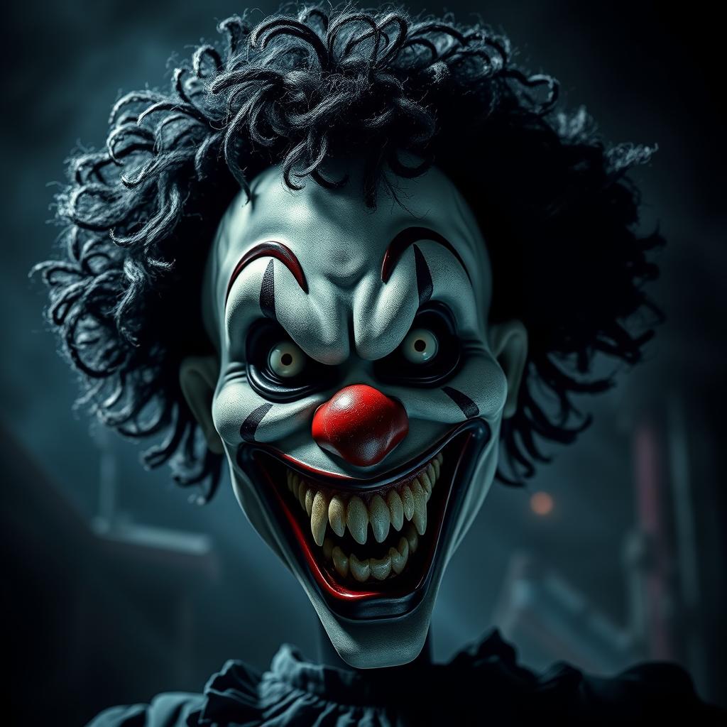 A horror-themed image featuring a sinister clown mask designed with disturbing features