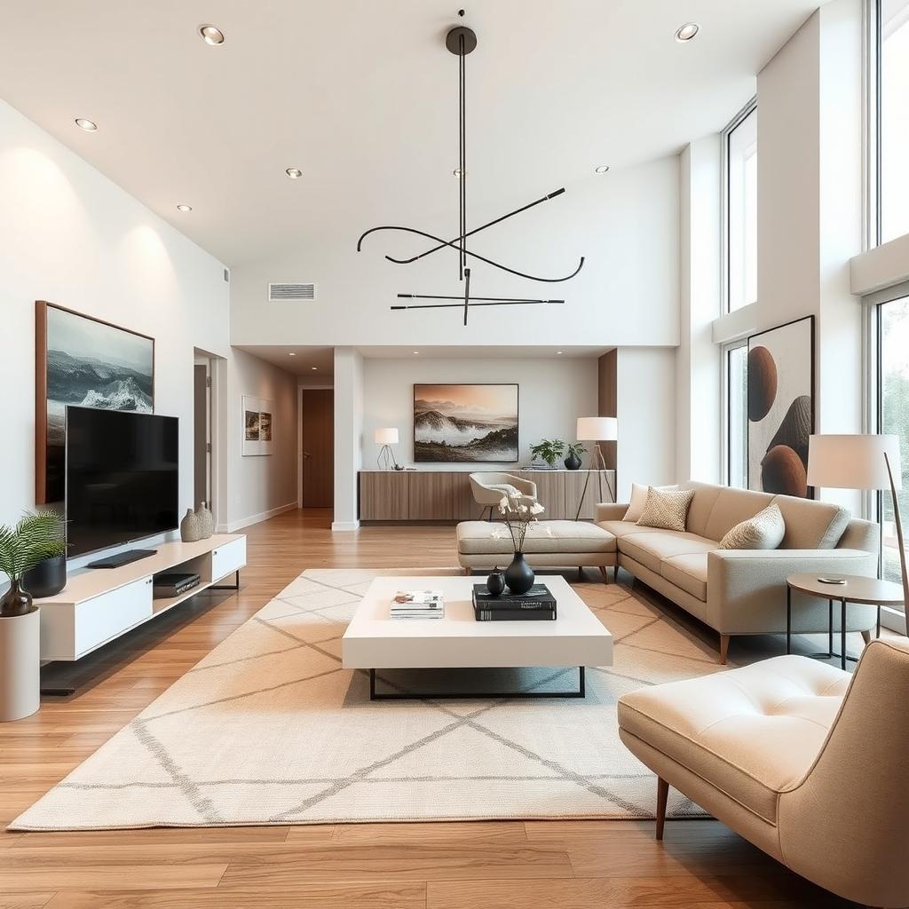 A modern interior space featuring a complete remodel with contemporary furniture designs