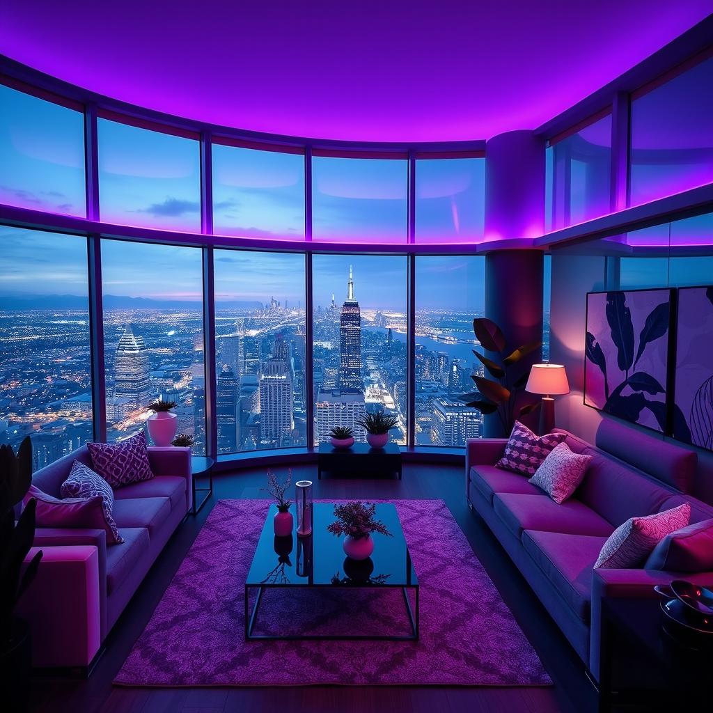 A modern cozy living room situated on the 90th floor featuring a panoramic view of a city skyline at night