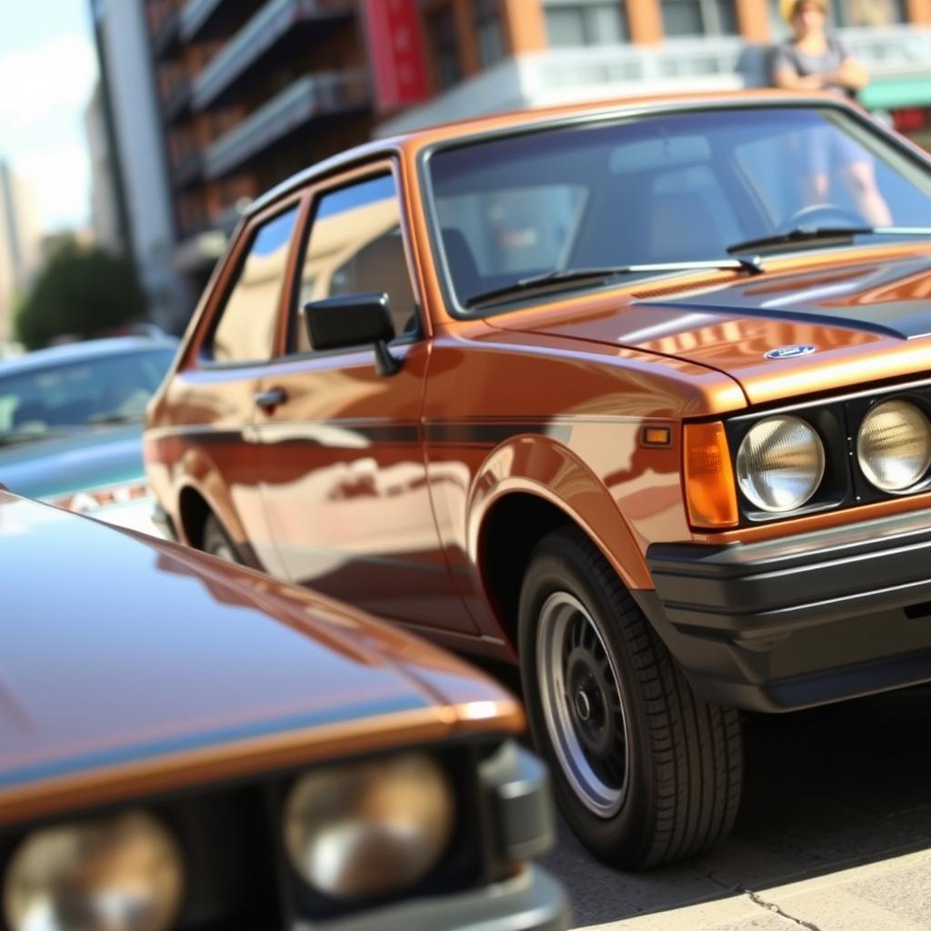 A stylish 1988 Ford Escort GL in a rich copper color with elegant black accents, parked in an urban setting