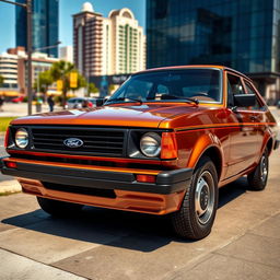 A stylish 1988 Ford Escort GL in a rich copper color with elegant black accents, parked in an urban setting