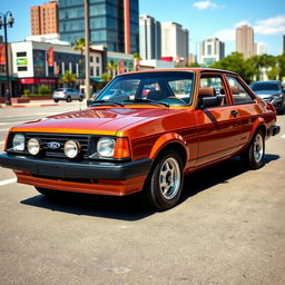 A stylish 1988 Ford Escort GL in a rich copper color with elegant black accents, parked in an urban setting