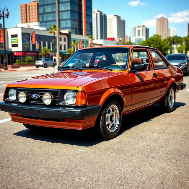 A stylish 1988 Ford Escort GL in a rich copper color with elegant black accents, parked in an urban setting