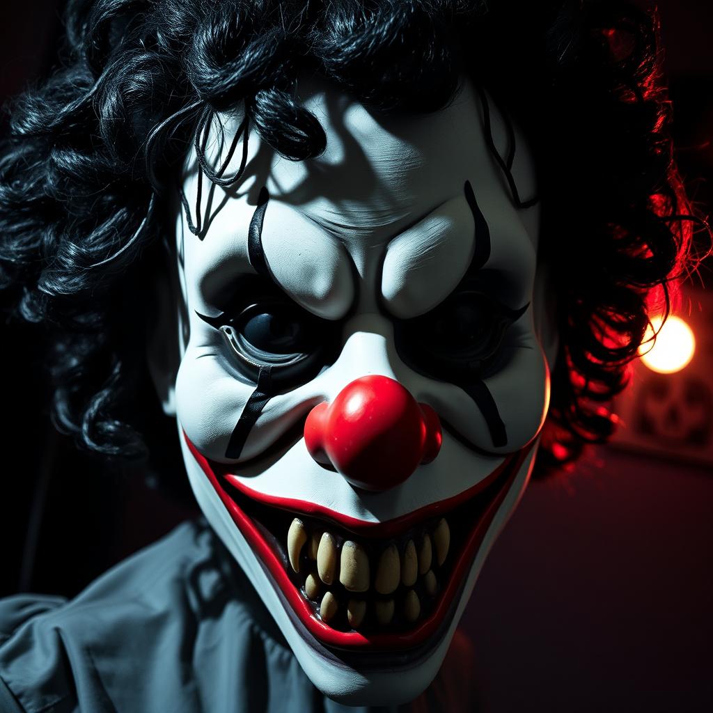 A haunting clown mask adorned with black curly hair and an unsettlingly wide, scary smile