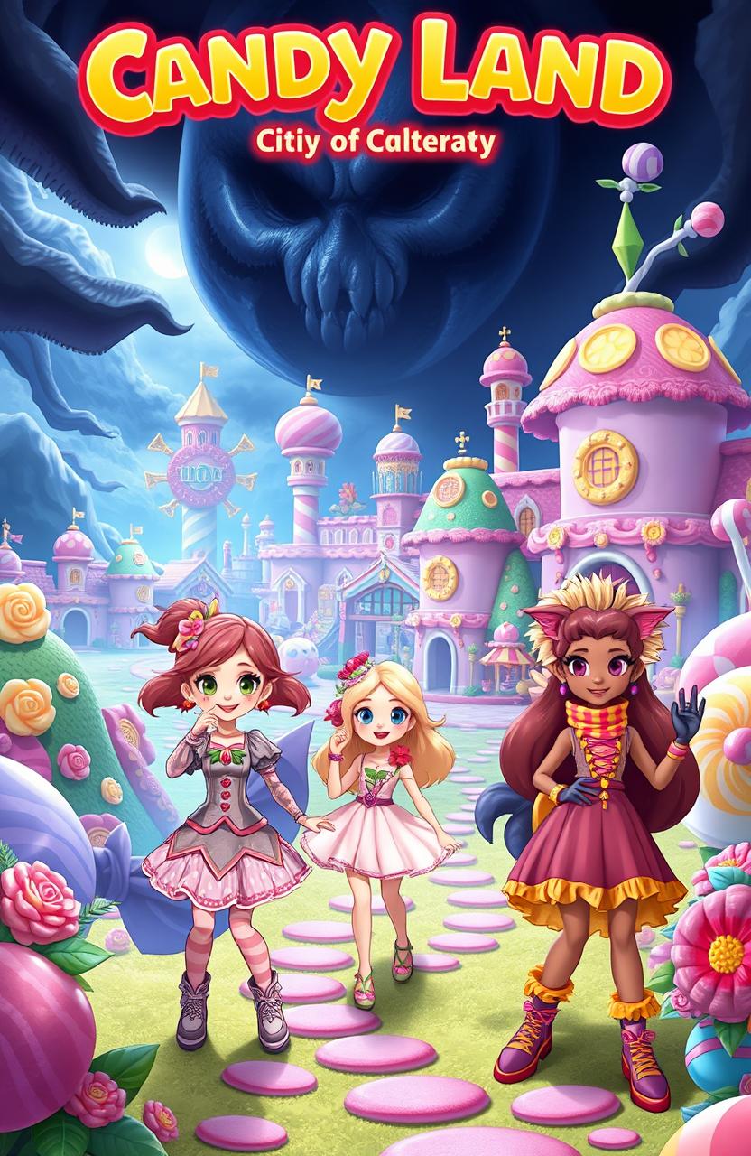 An enchanting scene from a magical world called Candy Land, featuring vibrant and colorful landscapes made entirely of sweets