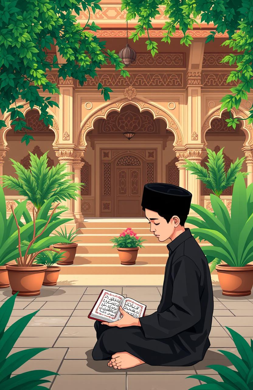 An illustration of a traditional pesantren (Islamic boarding school) setting, showcasing a serene courtyard with lush greenery and ornate architecture