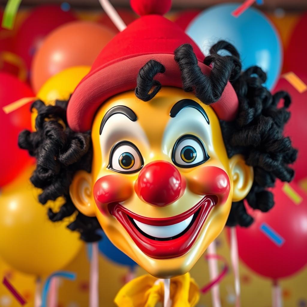A colorful clown mask adorned with black curly hair and a cheerful smile
