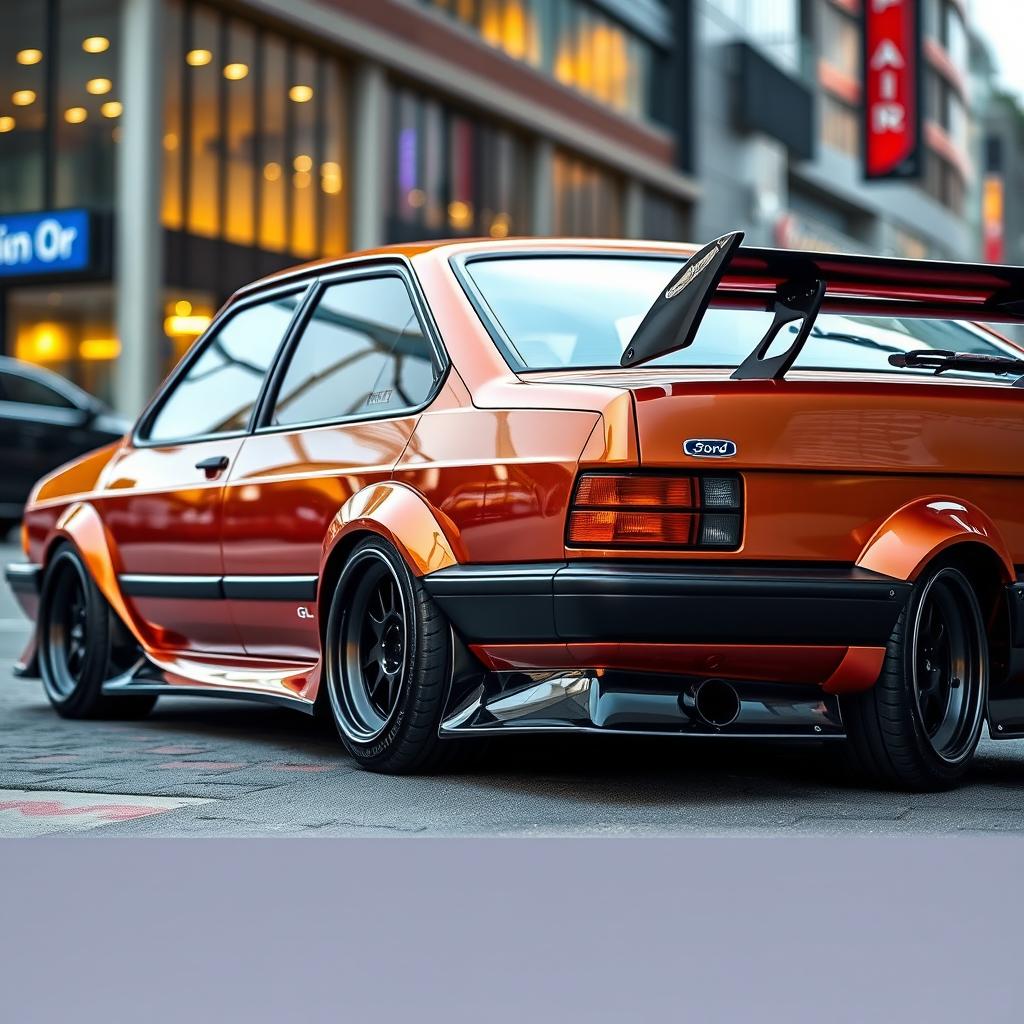 A modified 1988 Ford Escort GL in a striking copper color, featuring a stylish black rear wing and a bold black front splitter