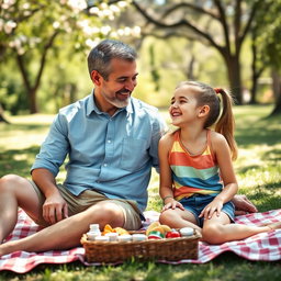 A warm and heartwarming scene featuring a 45-year-old father and his 13-year-old daughter enjoying a sunny afternoon at the park