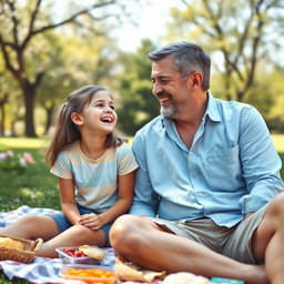 A warm and heartwarming scene featuring a 45-year-old father and his 13-year-old daughter enjoying a sunny afternoon at the park