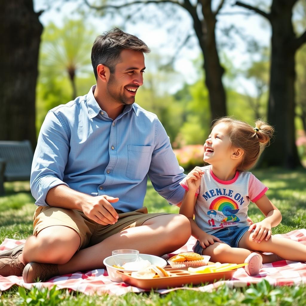 A warm and heartwarming scene featuring a 45-year-old father and his 13-year-old daughter enjoying a sunny afternoon at the park