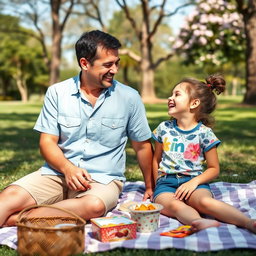A warm and heartwarming scene featuring a 45-year-old father and his 13-year-old daughter enjoying a sunny afternoon at the park