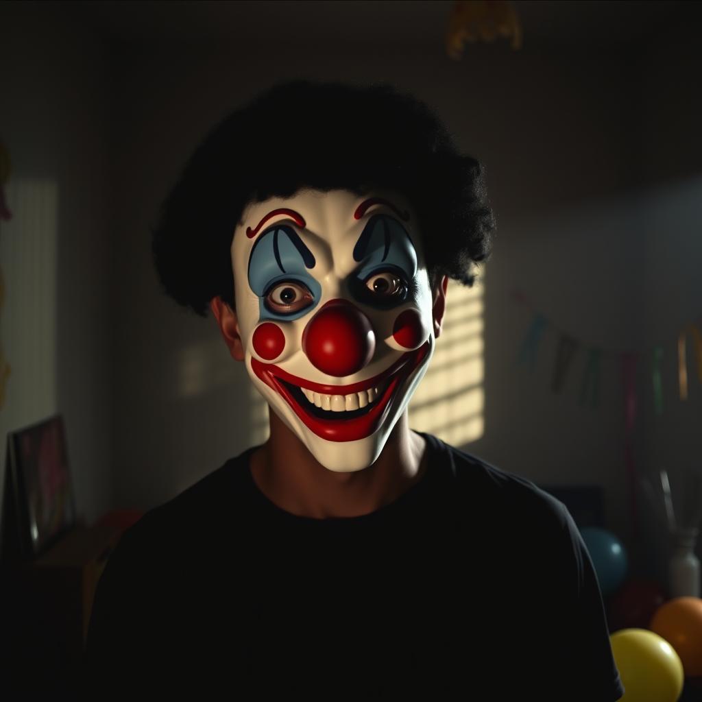 A clown mask featuring black curly hair and a broad, cheerful smile, worn by a man standing in a semi-dark room