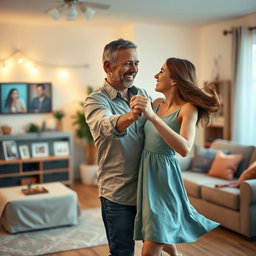 A joyful scene capturing a 45-year-old father dancing with his 15-year-old daughter in a warm, inviting living room decorated for a family gathering