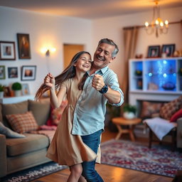 A joyful scene capturing a 45-year-old father dancing with his 15-year-old daughter in a warm, inviting living room decorated for a family gathering