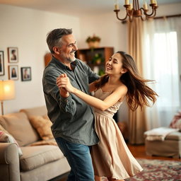 A joyful scene capturing a 45-year-old father dancing with his 15-year-old daughter in a warm, inviting living room decorated for a family gathering