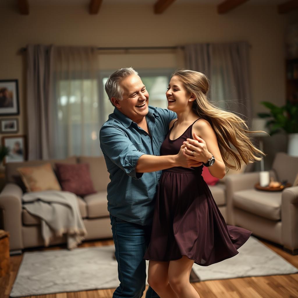 A joyful scene capturing a 45-year-old father dancing with his 15-year-old daughter in a warm, inviting living room decorated for a family gathering
