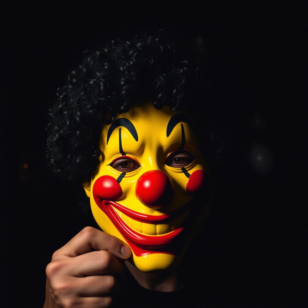 A clown mask featuring black curly hair and a broad smile, held in front of the face of a man in his mid-40s