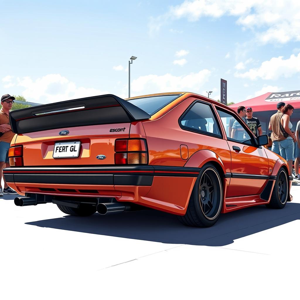 A detailed illustration of a 1988 Ford Escort GL, featuring a vibrant copper color