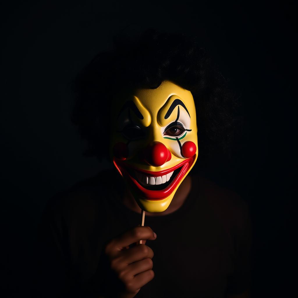 A clown mask with black curly hair and a broad smile, held in front of the face of a man in his mid-40s, standing in a dark room
