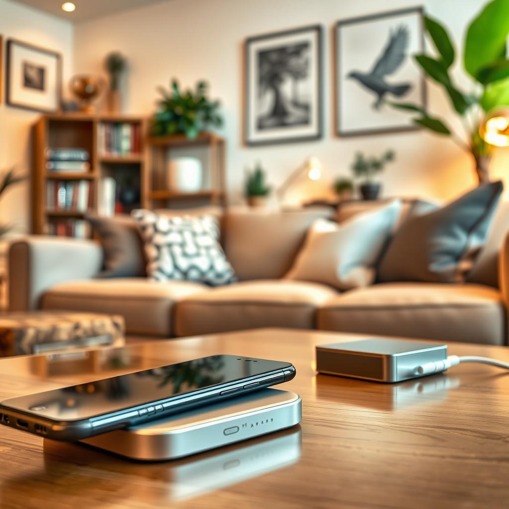 A close-up of a modern smartphone and a stylish charger, placed elegantly on a coffee table