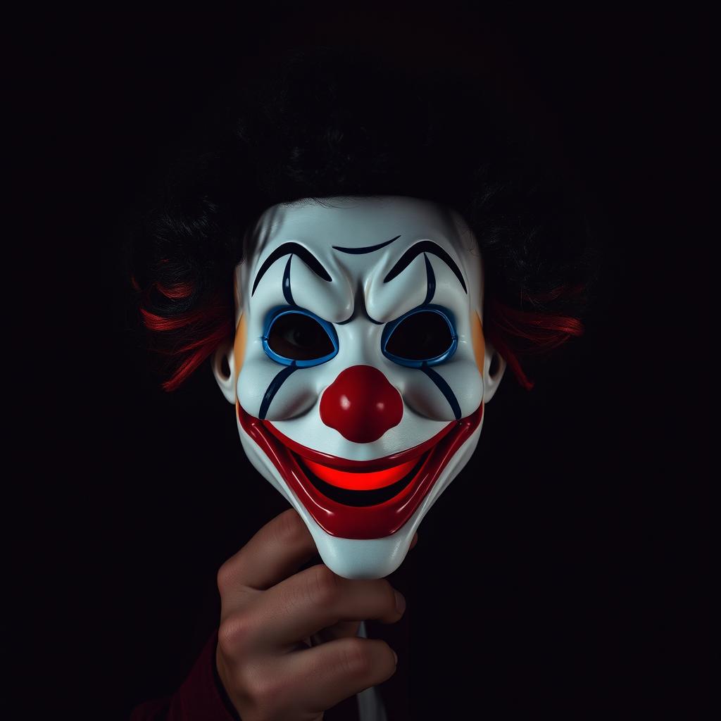 A clown mask with black curly hair and a wide smile held in front of the face of a man in his mid-40s, positioned within a dark room designed to resemble a dollhouse
