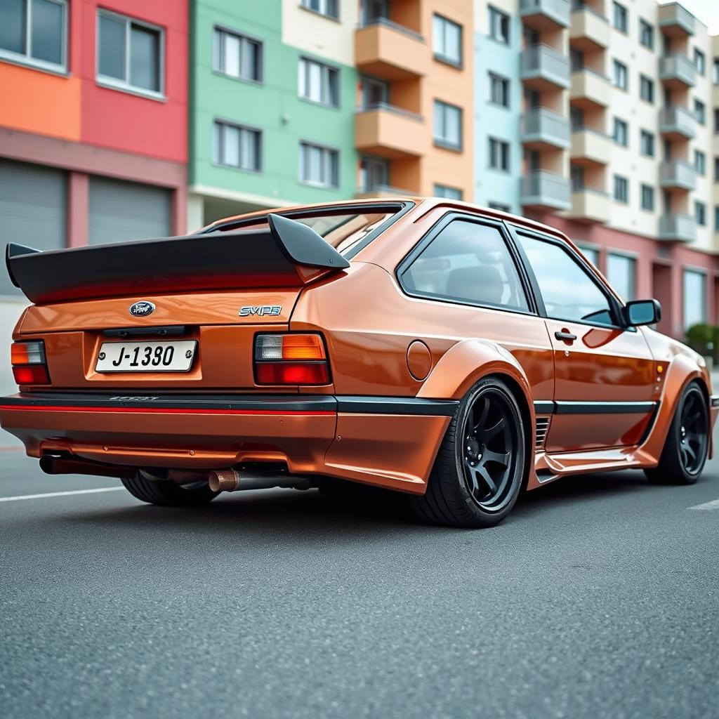 A 1988 Ford Escort GL, expertly tuned with a sleek, metallic copper paint job