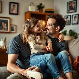 A heartwarming scene showing a father and his 14-year-old daughter sharing a moment in their cozy living room