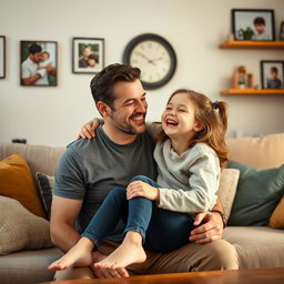 A heartwarming scene showing a father and his 14-year-old daughter sharing a moment in their cozy living room
