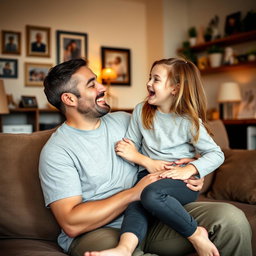 A heartwarming scene showing a father and his 14-year-old daughter sharing a moment in their cozy living room