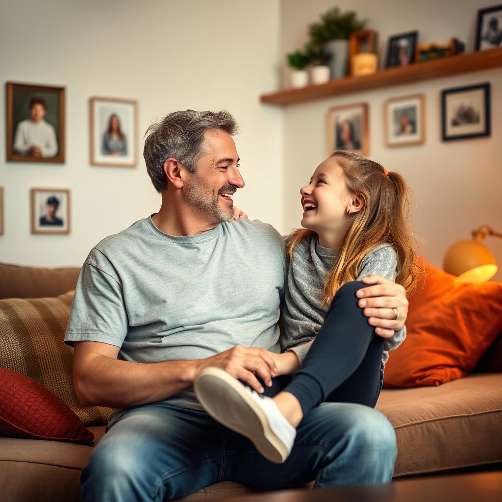 A heartwarming scene showing a father and his 14-year-old daughter sharing a moment in their cozy living room