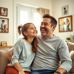 A heartwarming scene depicting a 14-year-old daughter and her father sharing a playful and affectionate moment in their cozy home