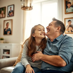 A heartwarming scene depicting a 14-year-old daughter and her father sharing a playful and affectionate moment in their cozy home