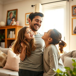A heartwarming scene depicting a 14-year-old daughter and her father sharing a playful and affectionate moment in their cozy home