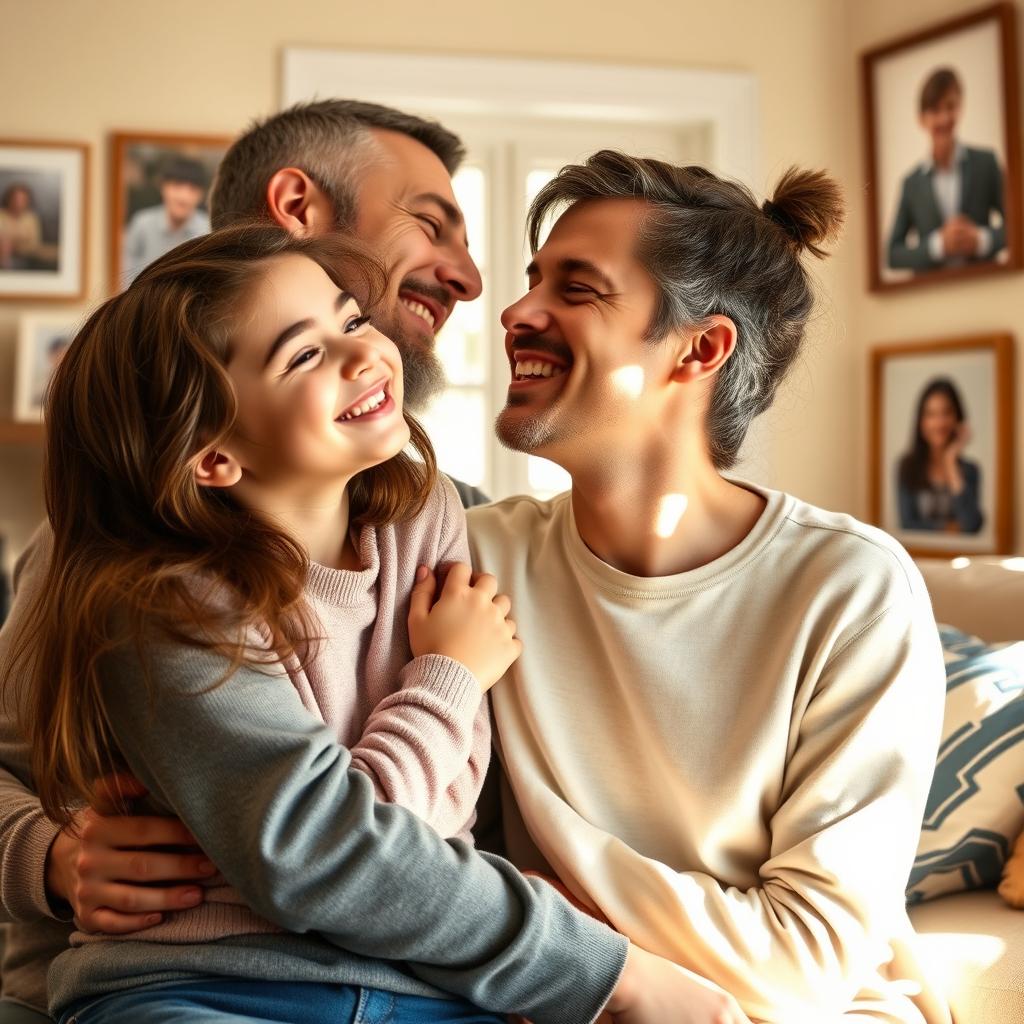 A heartwarming scene depicting a 14-year-old daughter and her father sharing a playful and affectionate moment in their cozy home
