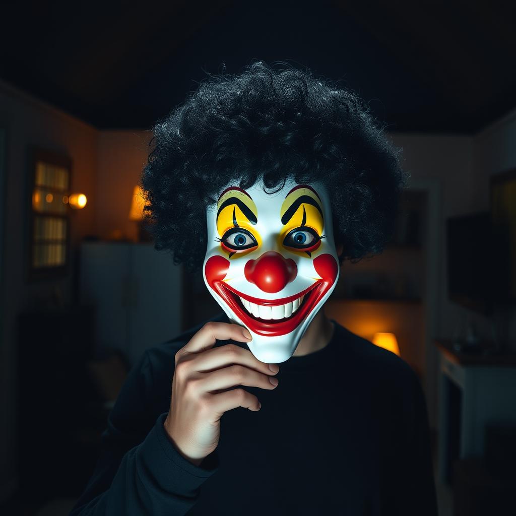 A clown mask with black curly hair and a wide smile, held in front of the face of a man in his mid-40s, standing in a dark room that resembles a large dollhouse