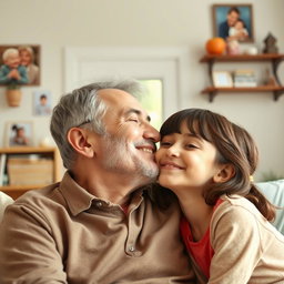 A heartwarming scene of a 14-year-old daughter leaning in to give her father a kiss on the cheek in a cozy home setting