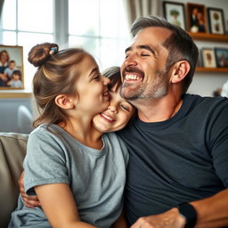 A heartwarming scene of a 14-year-old daughter leaning in to give her father a kiss on the cheek in a cozy home setting