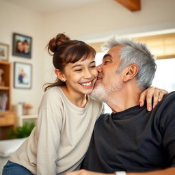 A heartwarming scene of a 14-year-old daughter leaning in to give her father a kiss on the cheek in a cozy home setting