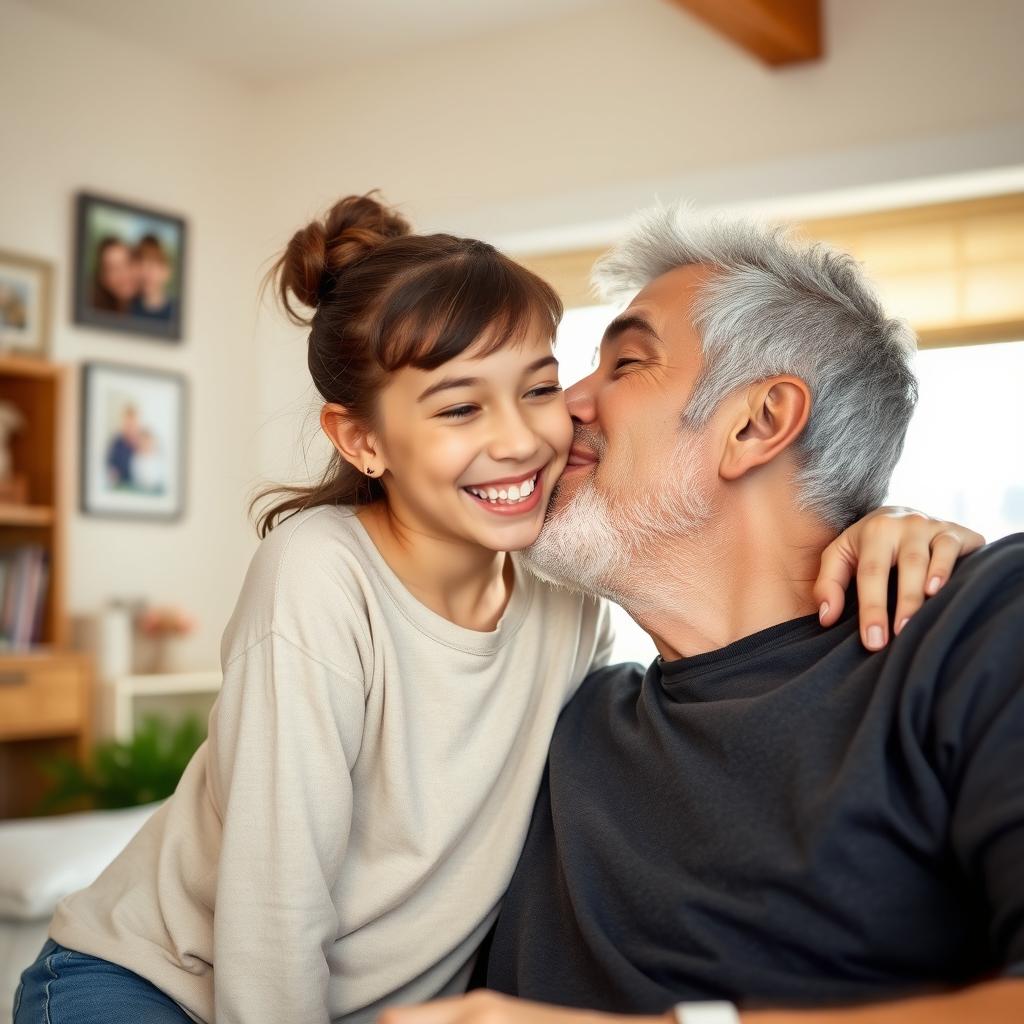 A heartwarming scene of a 14-year-old daughter leaning in to give her father a kiss on the cheek in a cozy home setting