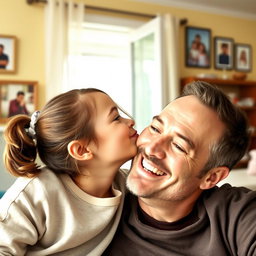 A heartwarming scene of a 14-year-old daughter leaning in to give her father a kiss on the cheek in a cozy home setting
