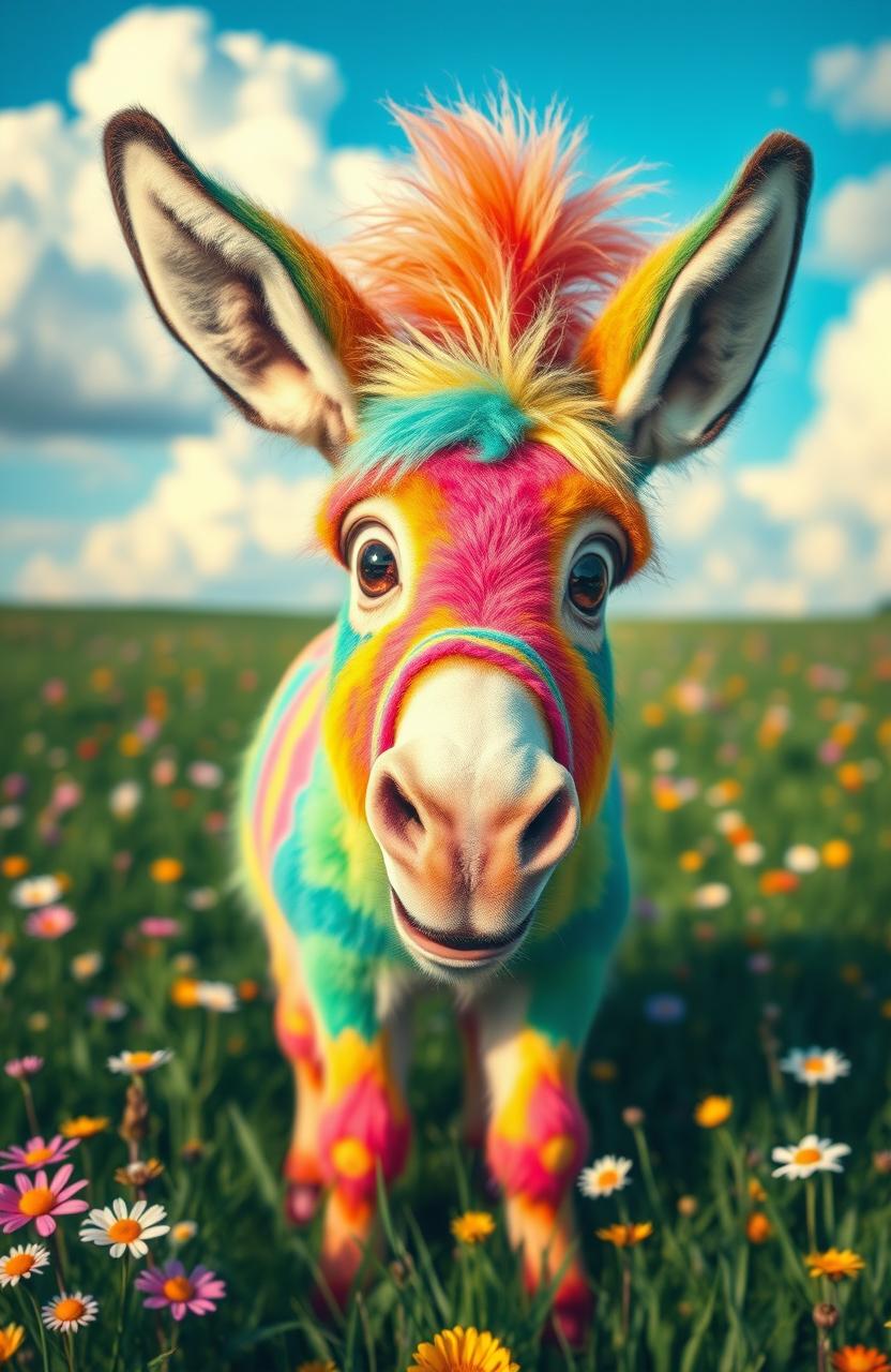 A fantastical scene featuring a mutated donkey with colorful, vibrant fur patterns, resembling a blend of various colors and textures like cotton candy