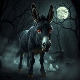 A spooky scene featuring a menacing-looking donkey with glowing red eyes and sharp teeth, set in a dark, eerie forest