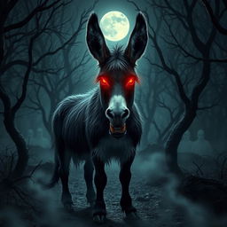 A spooky scene featuring a menacing-looking donkey with glowing red eyes and sharp teeth, set in a dark, eerie forest