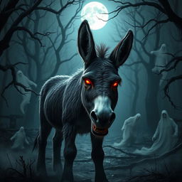 A spooky scene featuring a menacing-looking donkey with glowing red eyes and sharp teeth, set in a dark, eerie forest