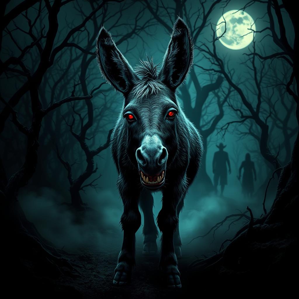A spooky scene featuring a menacing-looking donkey with glowing red eyes and sharp teeth, set in a dark, eerie forest