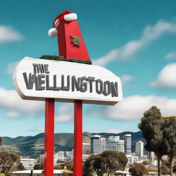 The Wellington city sign, styled like the iconic Hollywood sign, adorned with a large Santa hat on its top.