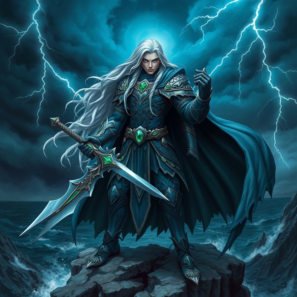 A highly detailed and striking portrait of a fantasy character, featuring a fierce warrior with long flowing silver hair and piercing blue eyes