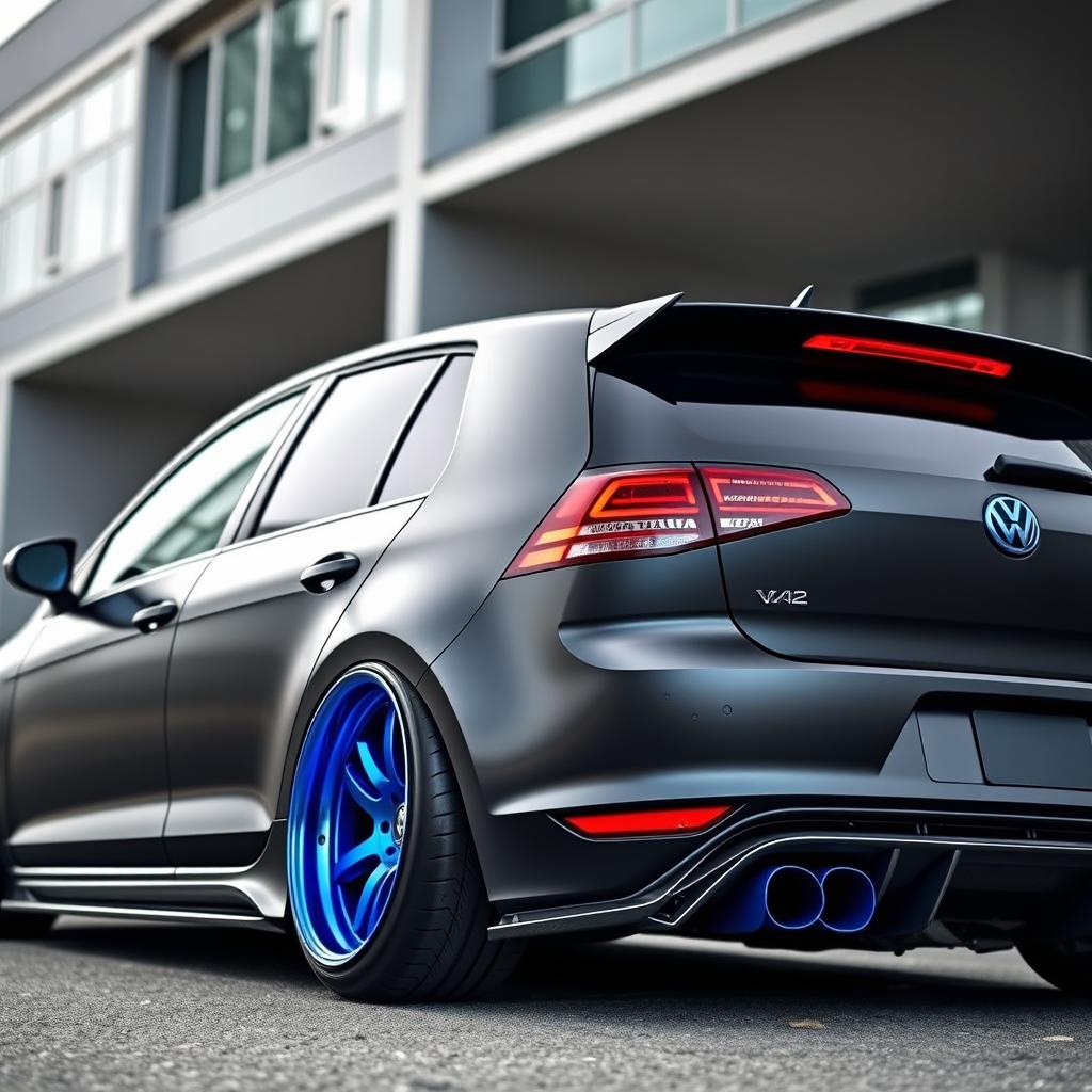 A sleek, modified VW Golf in a stunning matte black finish, featuring shiny metallic blue rims that catch the light beautifully