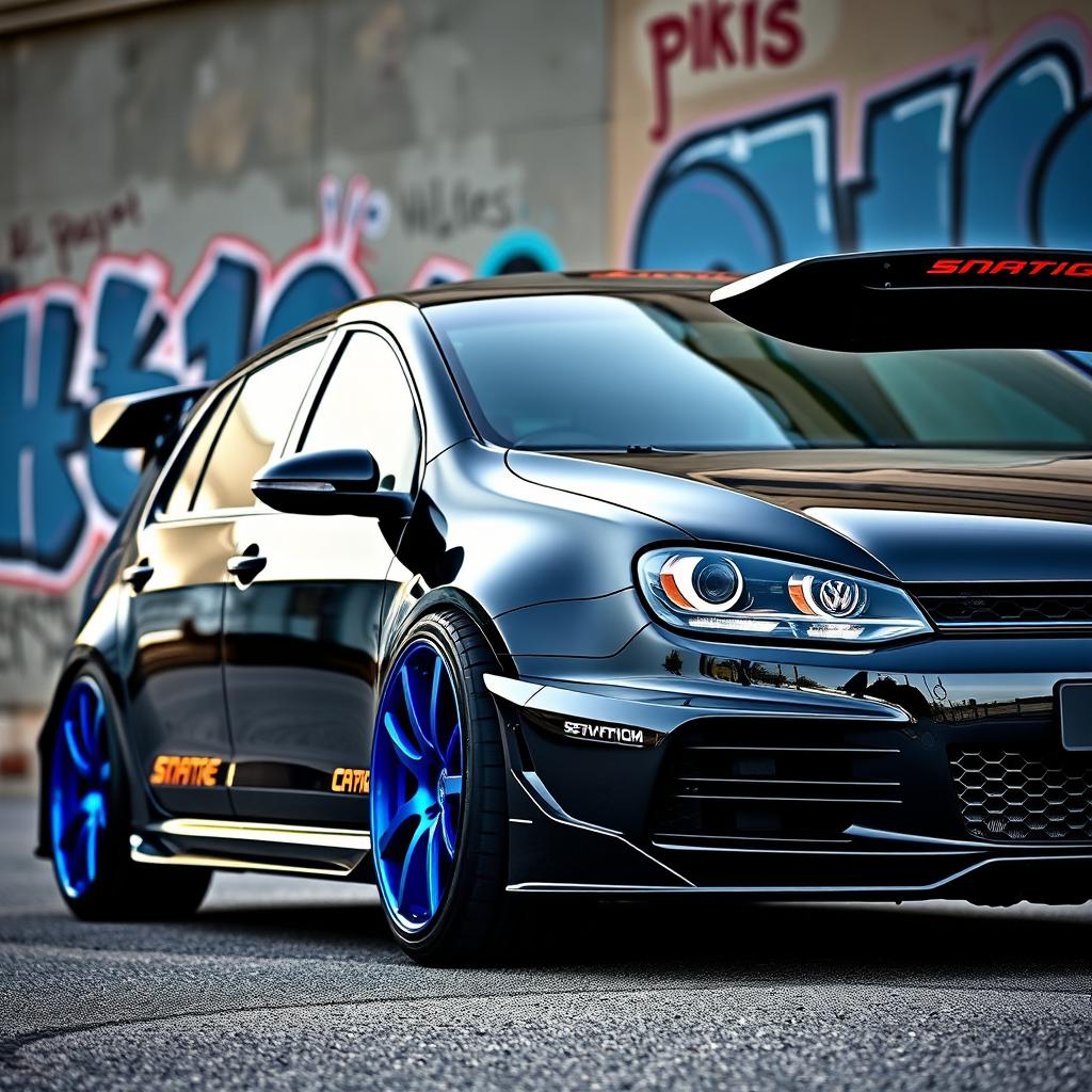 A sleek, tuned Volkswagen Golf in a stunning black color (negro), featuring metallic blue wheels (llantas color azul metalizado) that shine under the light